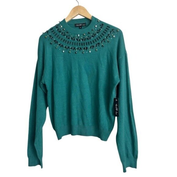NWT Teal Embellished Sweater, Size L, Elegant Glam, Coquette Chic - Picture 2 of 11
